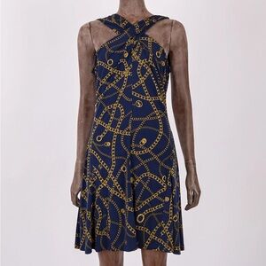 MICHAEL Michael Kors Navy & Gold Chain Fit/Flare Dress Crossover Neckline